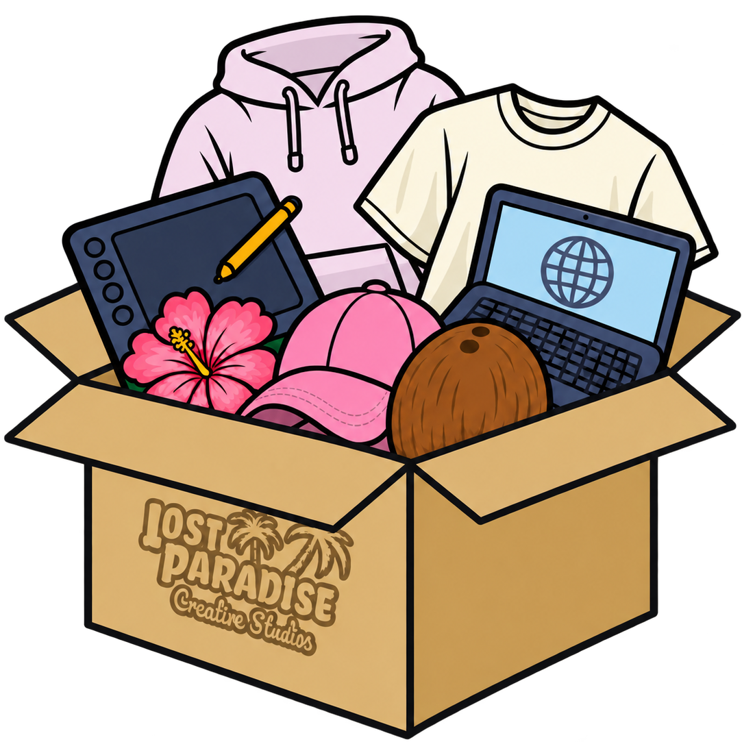 Lost Paradise creative services illustrated in an open merch box